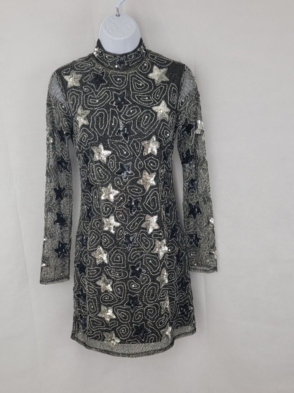 Top Shop Womens Mini Dress 4 Black Silver Star Sequin Beaded Whimsical Celestial
